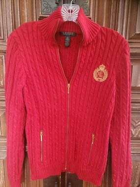 Lauren Ralph Lauren Red Cable-Knit Zip Cardigan with Gold Crest